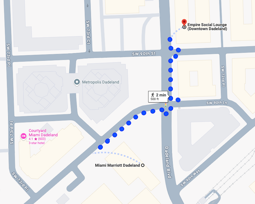 Walking map from Miami Marriott Dadeland to Empire Social Lounge, 2 minutes